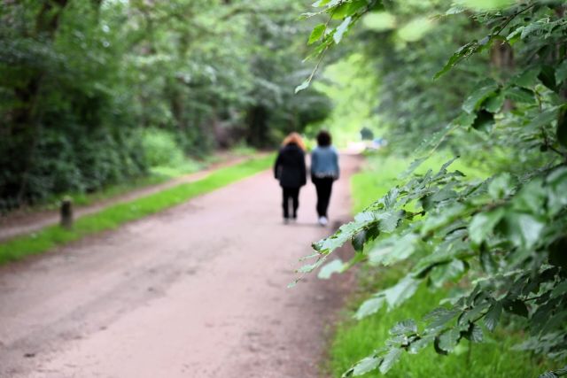 twee wandelende mensen op de rug gezien